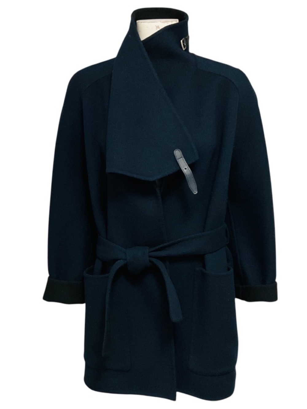HERMES NAVY BLUE / BLACK CASHMERE BLANKET COAT WITH BELT